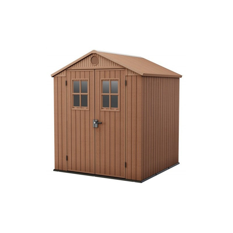 Keter, Casetta da giardino Darwin 6x6 con finestre frontali in resina effetto legno marrone, tetto spiovente e porta con serratura - DeMatteis.it