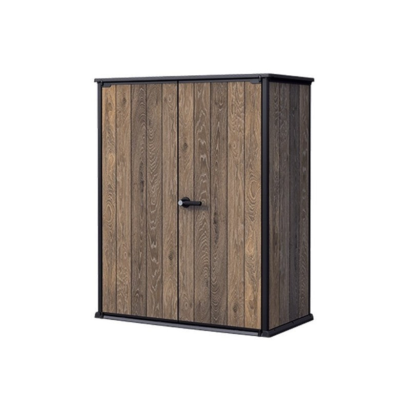 Keter, Armadio Porta Attrezzi Vertical Store Noce con ante effetto legno venato e struttura nera, maniglia in metallo nero per ripostiglio da giardino - DeMatteis.it