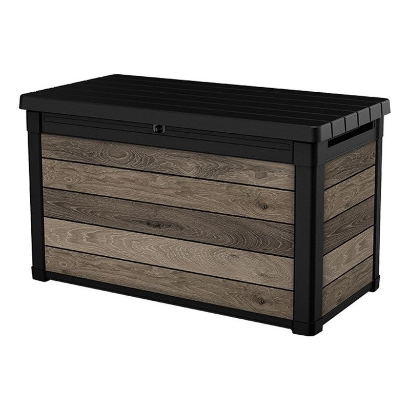 Keter, Baule Portaoggetti Resina Deco 100 litri effetto noce con pannelli decorativi in finto legno e struttura nera impermeabile da giardino - DeMatteis.it