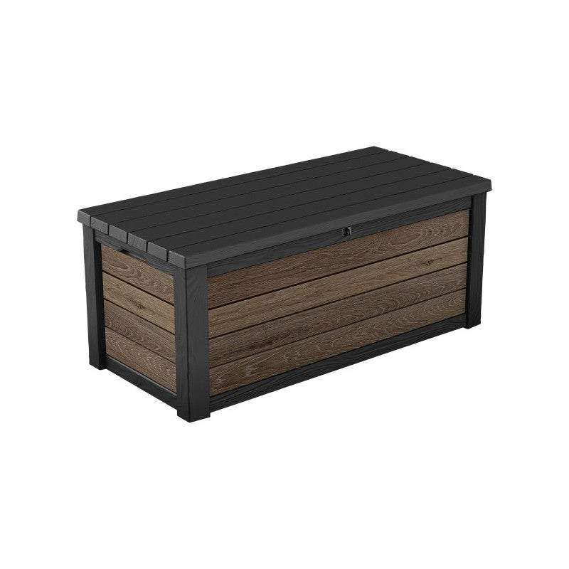 Keter, Baule Portaoggetti Resina Deco 150 litri effetto noce con struttura antracite, pannelli decorativi in finto legno e coperchio apribile - DeMatteis.it