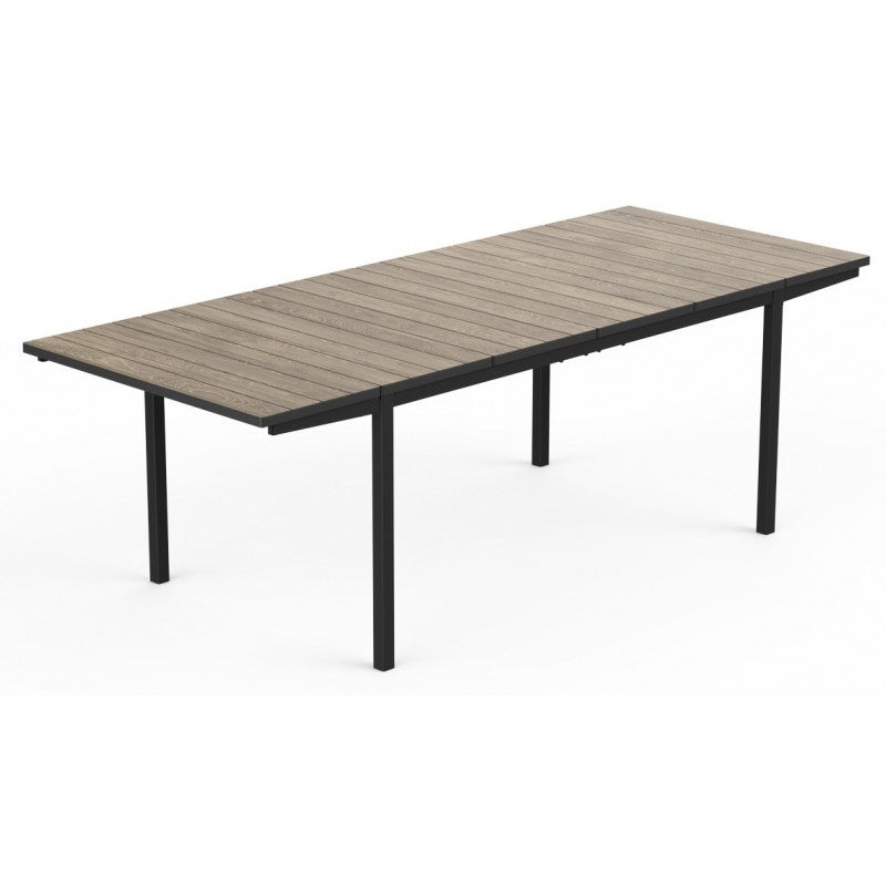 Keter, Tavolo Porto Nova 160-240 cm effetto legno allungabile con piano a doghe in finitura grigio tortora e struttura nera in metallo - DeMatteis.it