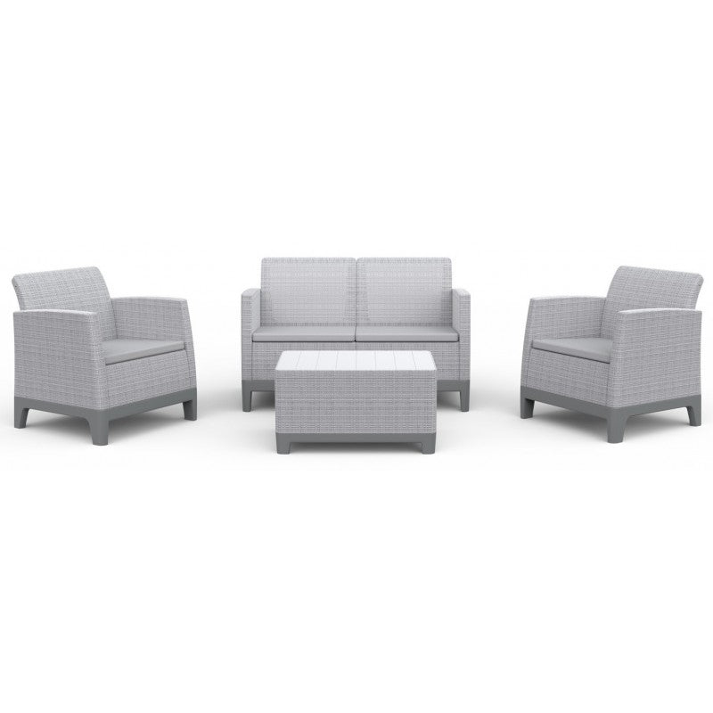 Keter, Salotto Scandi Forma Lounge Set da esterno in rattan grigio con divano a 2 posti, due poltrone e tavolino con cuscini grigi - DeMatteis.it