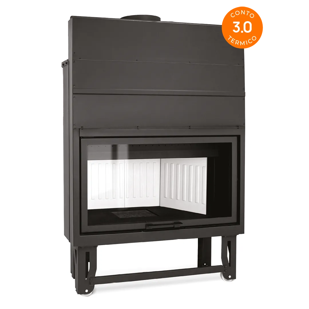 Termocamino Idroplus 100 ClimaCalor in acciaio nero con vetro frontale, focolare in fibra ceramica, uscita fumi superiore e base di appoggio. Bollino Conto Termico 3.0 | Dematteis.it
