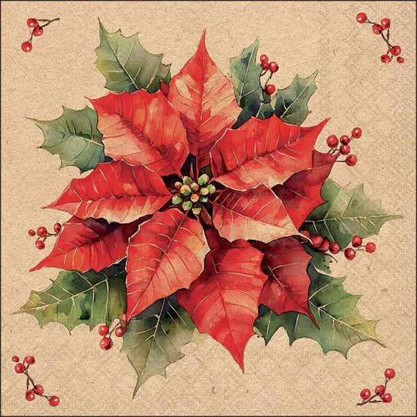 Set 20 Tovaglioli 33x33 Cm Festive Poinsettia Nature