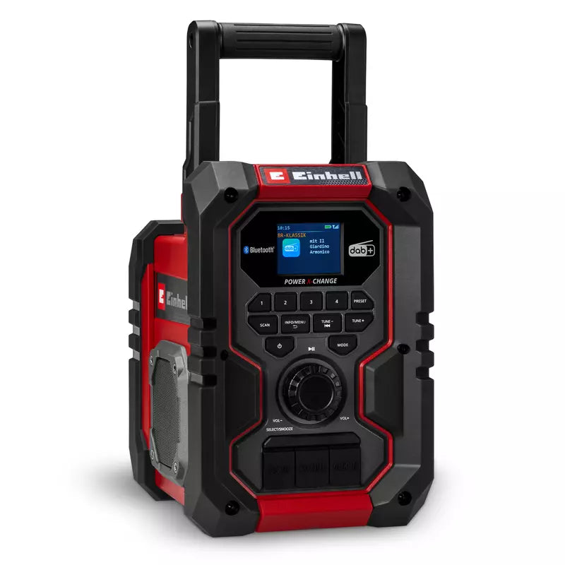 Einhell, Radio Batteria Te-Cr 18 Li Dab+/Fm/Bt Solo portatile da cantiere con scocca nera e inserti rossi, display digitale, maniglia pieghevole e pulsantiera frontale - DeMatteis.it
