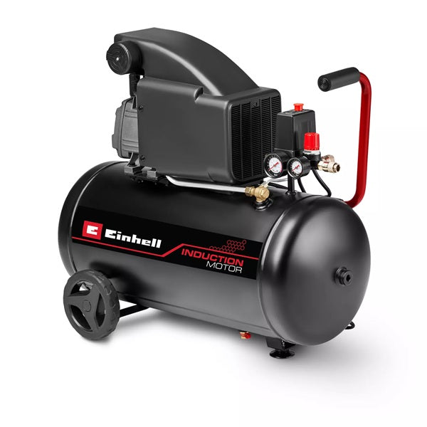 Compressore Einhell Tc-Ac 270/50/10 con serbatoio nero da 50 litri, doppio manometro, riduttore di pressione, maniglia rossa e ruote per il trasporto | DeMatteis.it