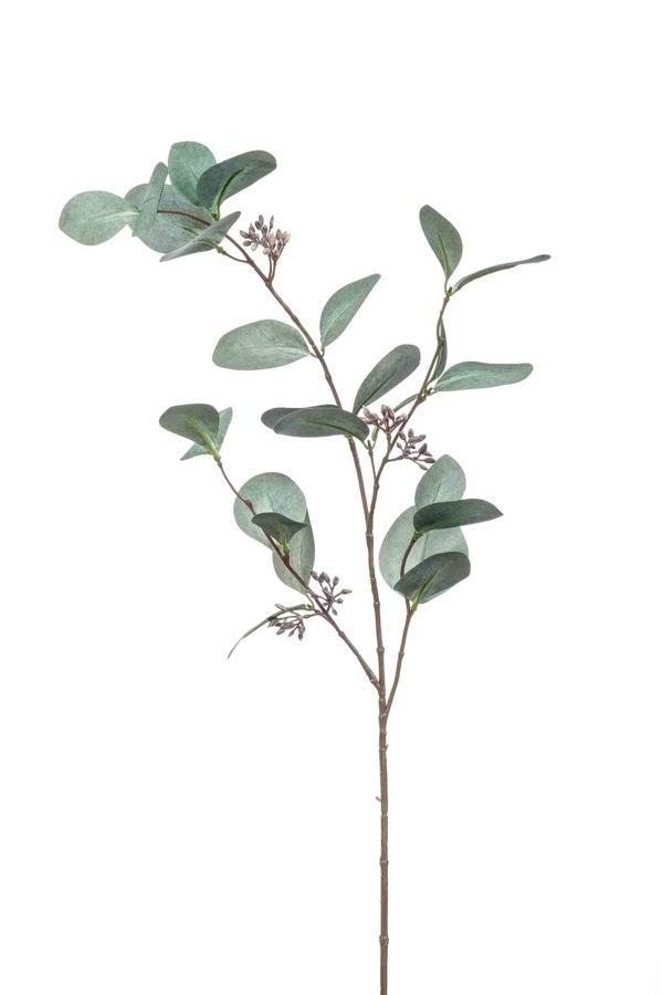 Emerald Eternal Green, Ramo foglie eucalipto 73 cm artificiale con foglie verde-grigio opache e piccoli fiori decorativi sui rami per decorazione casa - DeMatteis.it
