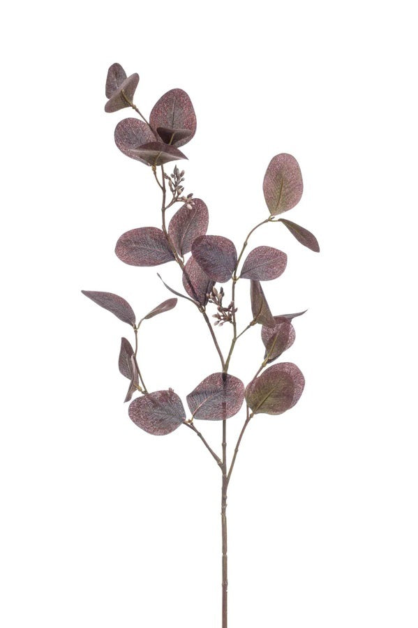 Emerald Eternal Green, Ramo foglie eucalipto viola 73 cm artificiale con foglie ovali sfumate in tonalità viola e bordeaux con nervature naturalistiche per decorazione - DeMatteis.it