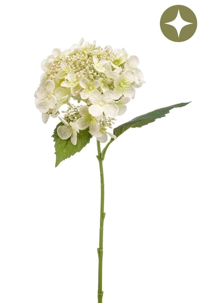 Emerald Eternal Green, Ramo Ortensia Bianca 50 cm con fiore artificiale a grappolo di petali bianchi e sfumature verdi, foglie verdi dentellate e stelo verde realistico per decorazione casa - DeMatteis.it