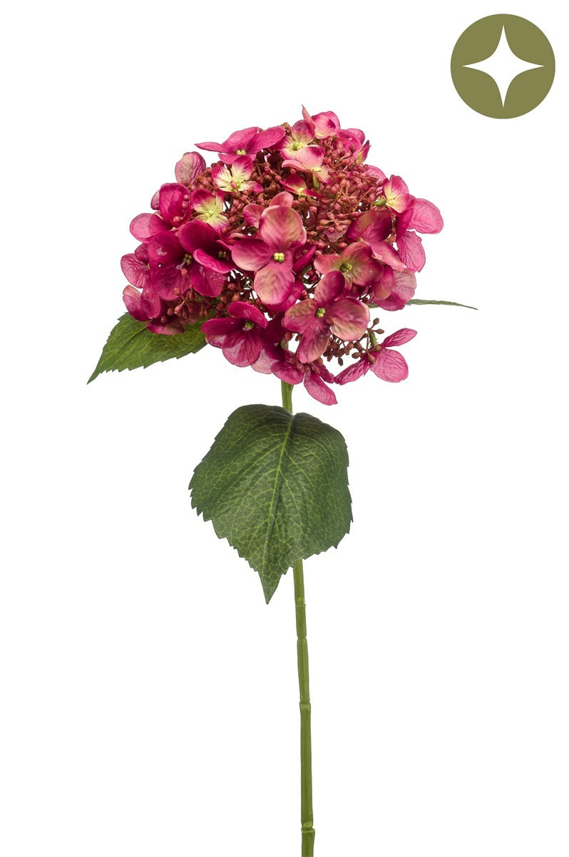 Emerald Eternal Green, Ramo Ortensia Fucsia 50 cm con fiori artificiali in sfumature rosa e borgogna, stelo verde e foglie dentellate realistiche per decorazione casa - DeMatteis.it