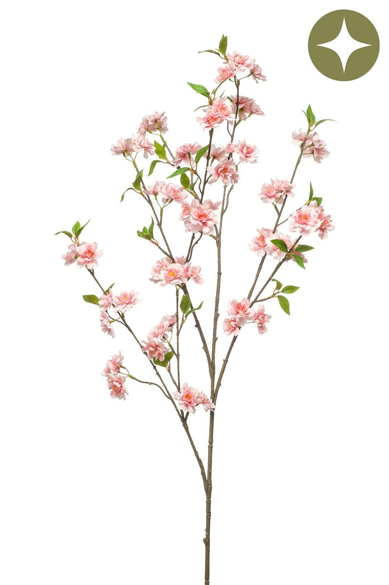 Emerald Eternal Green, Ramo Fiori Ciliegio Pesca 120 cm artificiale con fiori rosa doppi e foglie verdi su rami marroni per decorazione d'interni - DeMatteis.it