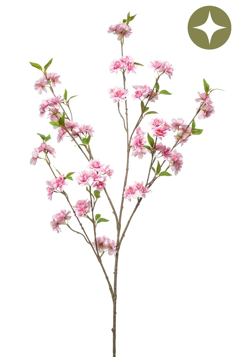 Emerald Eternal Green, Ramo fiori ciliegio rosa 120 cm artificiale con numerosi fiori rosa a cinque petali e foglie verdi su stelo marrone ramificato per decorazione - DeMatteis.it