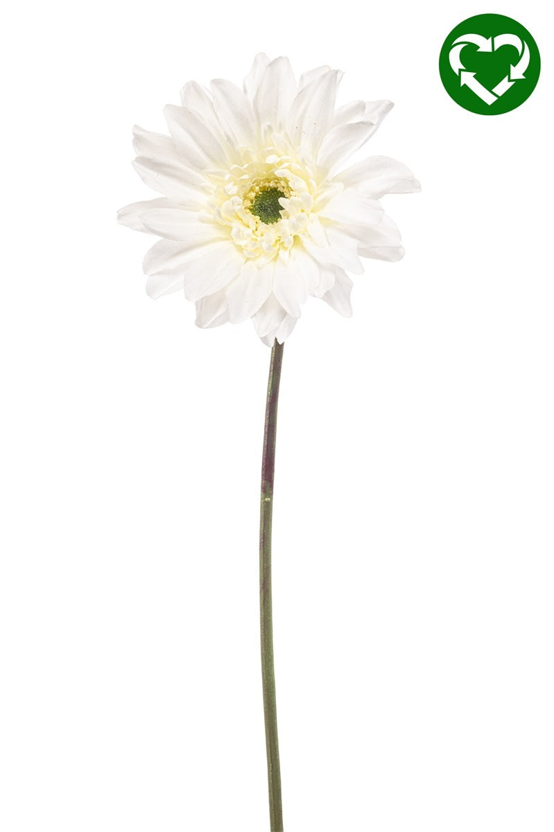 Emerald Eternal Green, Gerbera bianca artificiale ramo 63 cm con fiore a petali multipli bianchi e centro giallo-verde su stelo verde lungo - DeMatteis.it