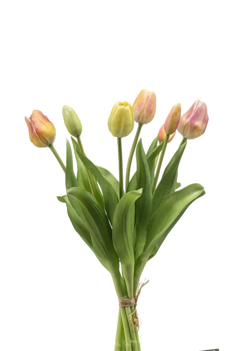 Emerald Eternal Green, Mazzo 7 tulipani pesca 40 cm artificiali con boccioli in tonalità rosa e giallo, foglie verdi realistiche e steli legati con cordino naturale - DeMatteis.it