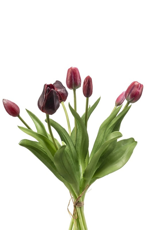Emerald Eternal Green, Mazzo 7 tulipani rossi 40 cm artificiali con steli verdi naturali legati insieme da cordino, fiori finti per decorazione casa - DeMatteis.it