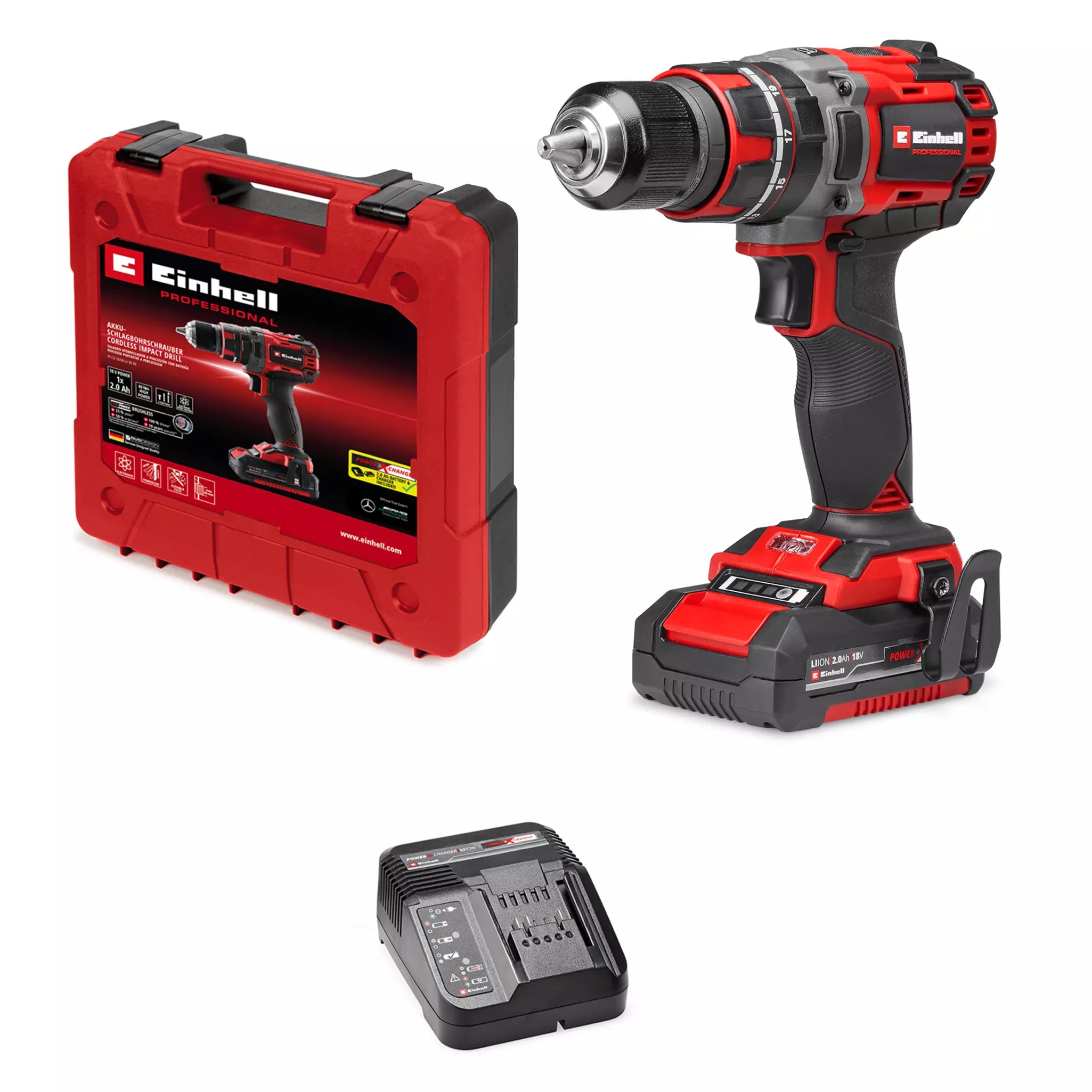 Einhell, Trapano avvitatore a percussione a batteria TP-CD 18/60 Li-I Bl con corpo rosso e nero, batteria Li-ion 2,0 Ah, caricabatterie e valigetta rossa - DeMatteis.it