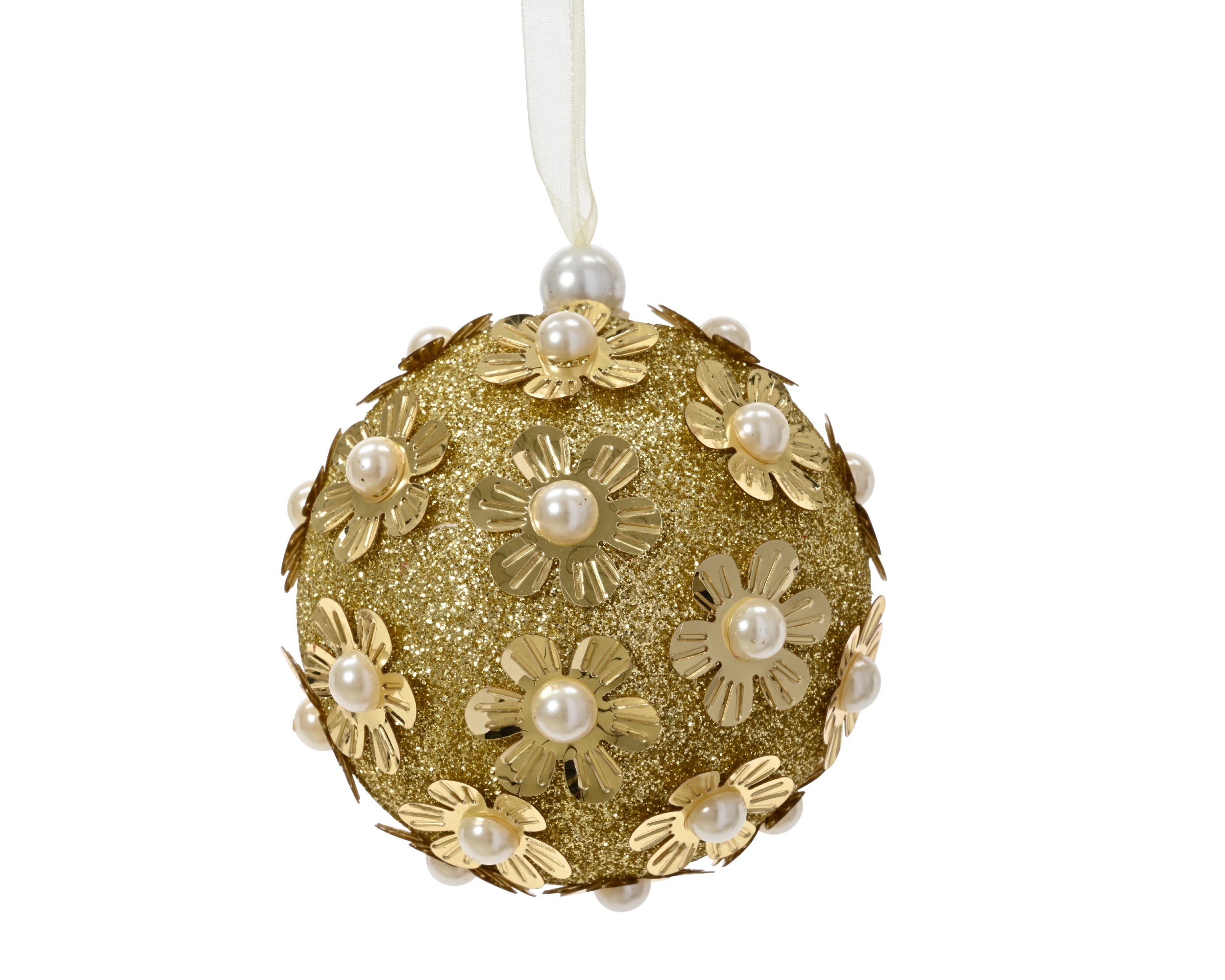 Sfera Oro D 8 Cm Decoro Fiore Con Perla
