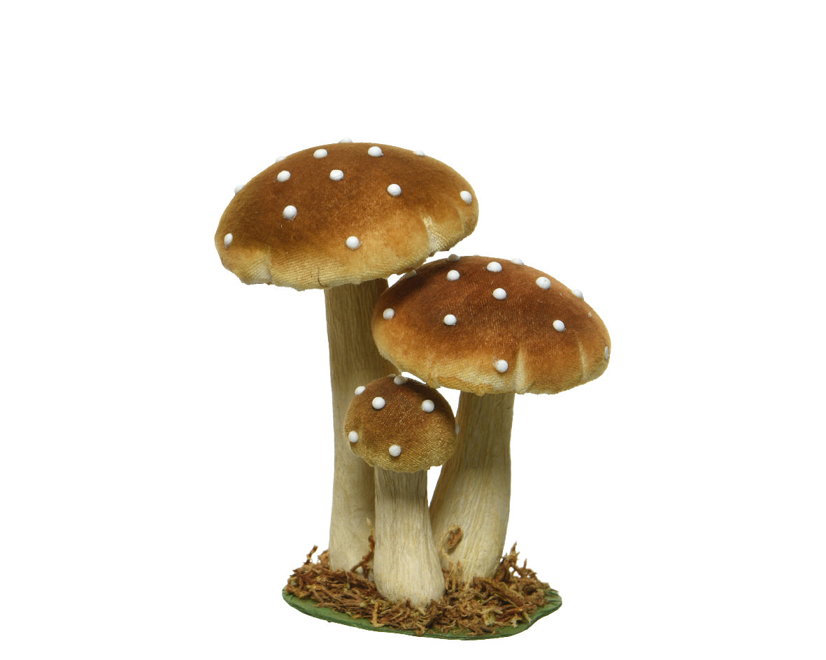 Gruppo di funghi decorativi in velluto marrone con cappelli puntinati di bianco, gambi in tessuto chiaro e base in muschio | DeMatteis.it