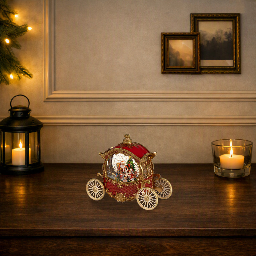 Kaemingk, Carrozza Water Spinner Babbo con doni 12x26x22 cm, ambientazione villaggio Lemax in rosso e oro con ruote decorate e sfera con Babbo Natale - DeMatteis.it