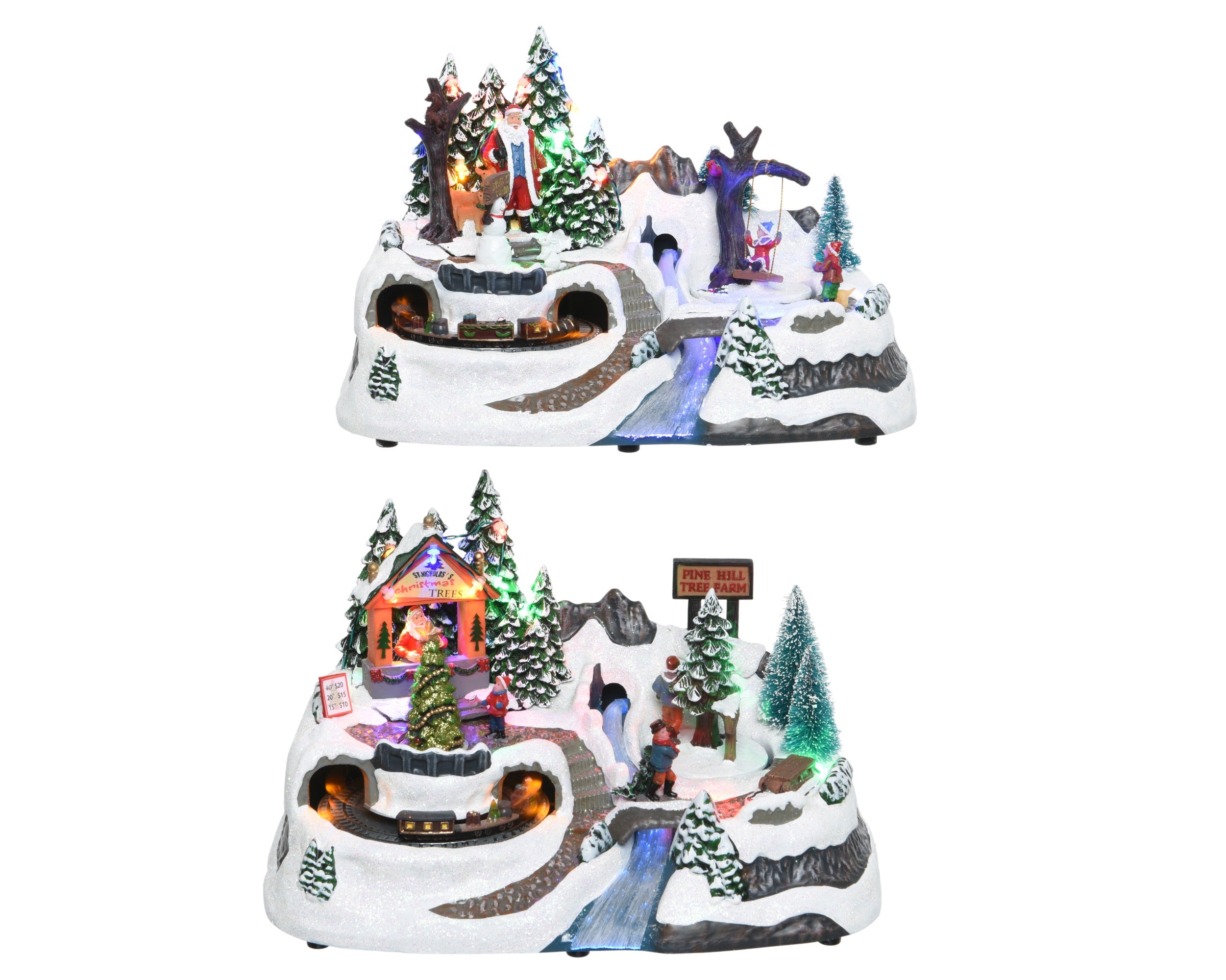 Kaemingk, Scena Natalizia con Fiume 19x31x20 cm, ambientazione innevata con Babbo Natale, alberi, trenino e cascata luminosa a LED, disponibile in due varianti - DeMatteis.it