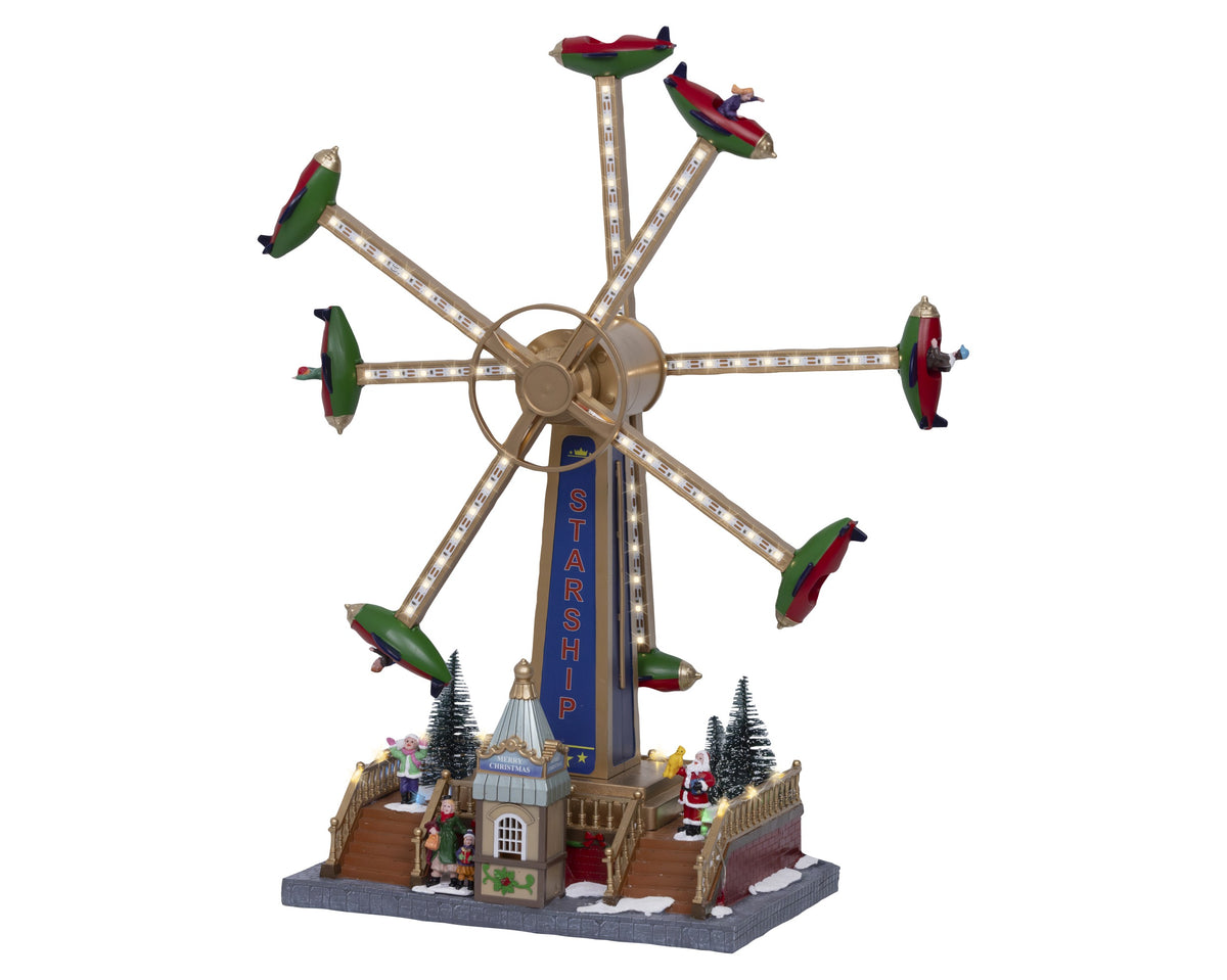 Kaemingk, Giostra Aeroplani Led Warm White 29x37x48 cm, ambientazione Lemax per villaggi natalizi con ruota panoramica "Starship", aeroplanini verdi e rossi e alberelli innevati - DeMatteis.it
