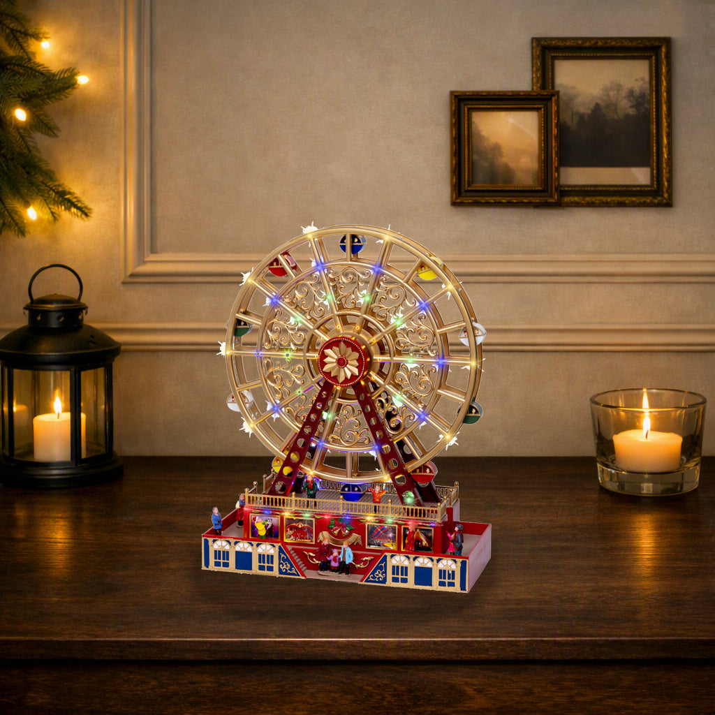 Kaemingk, Ruota Panoramica rossa e gialla 18x38x48 cm per villaggio natalizio Lemax, con luci LED multicolore, base decorata e personaggi in miniatura - DeMatteis.it