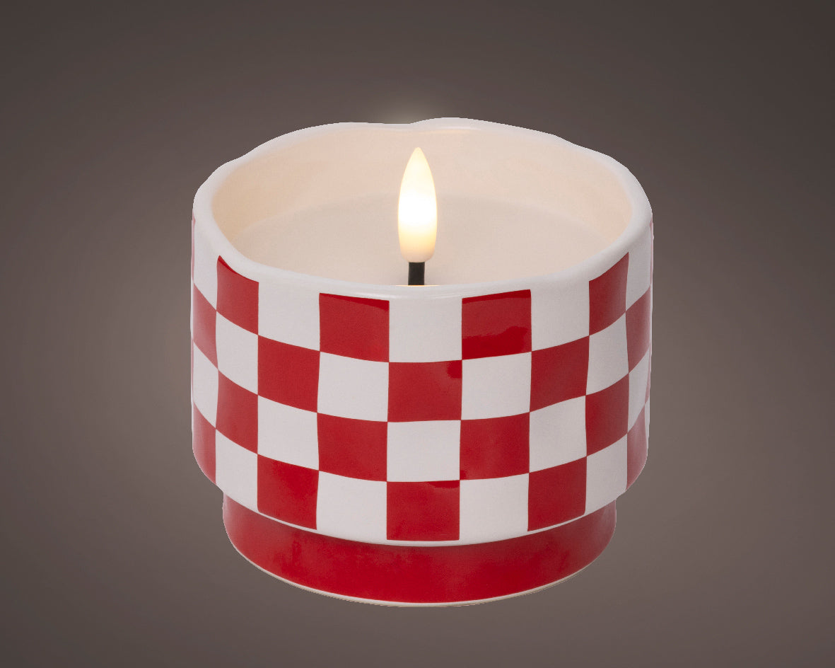 Candela Ceramica Rossa Bianca 9x9 Cm Led Caldo