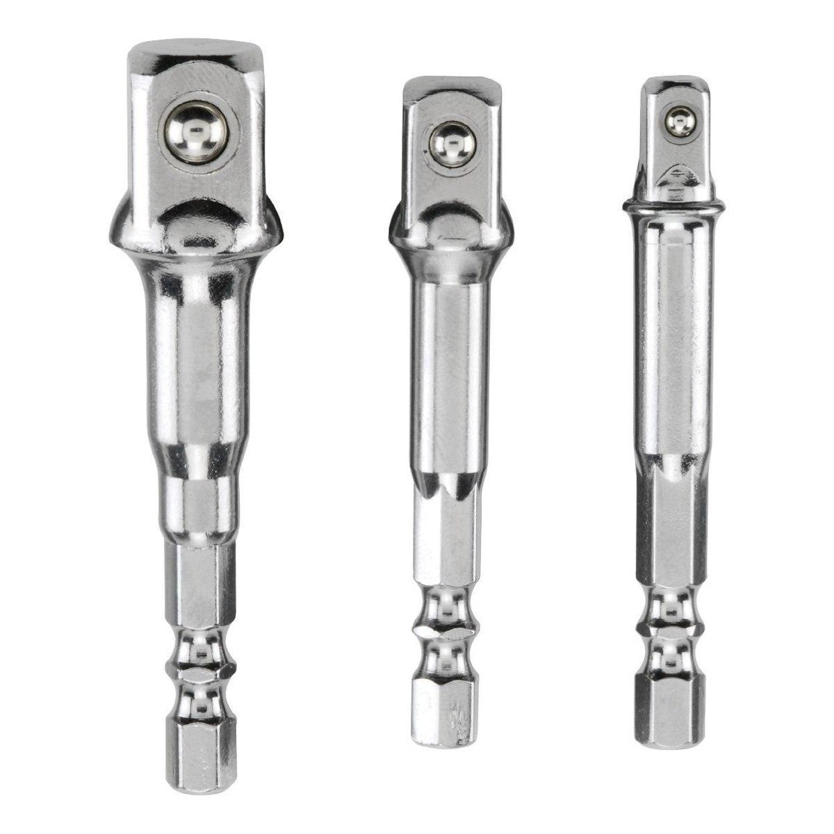 Einhell, Set Adattatori Per Bussole 65/72 mm 3 pezzi 1/4" 3/8" 1/2" in acciaio cromato per trapano, attacco esagonale maschio-femmina - DeMatteis.it
