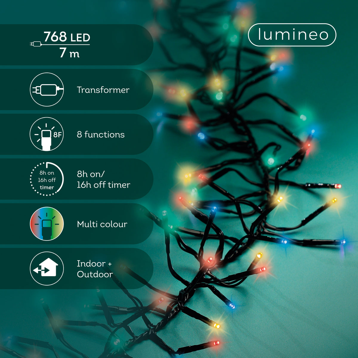 Catena luminosa cluster Lumineo con icone che indicano trasformatore, 8 funzioni, timer 8h/16h, multicolore e uso interno ed esterno | DeMatteis.it
