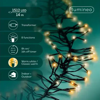 Luci Di Natale Cluster 1512 Led Classic Warm 13 M