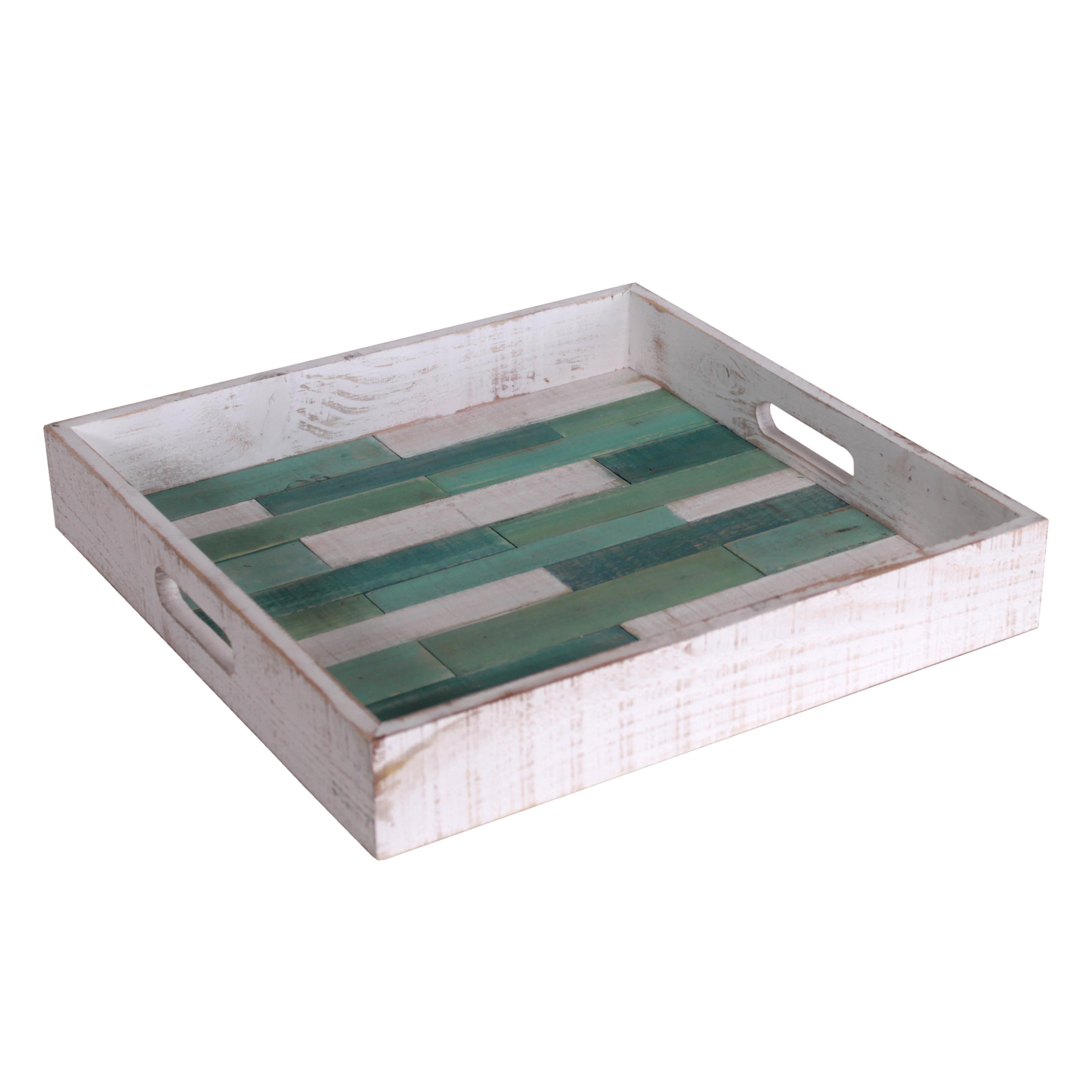 Vassoio Legno Bianco Decoro Mare Verde 37x37x6 Cm