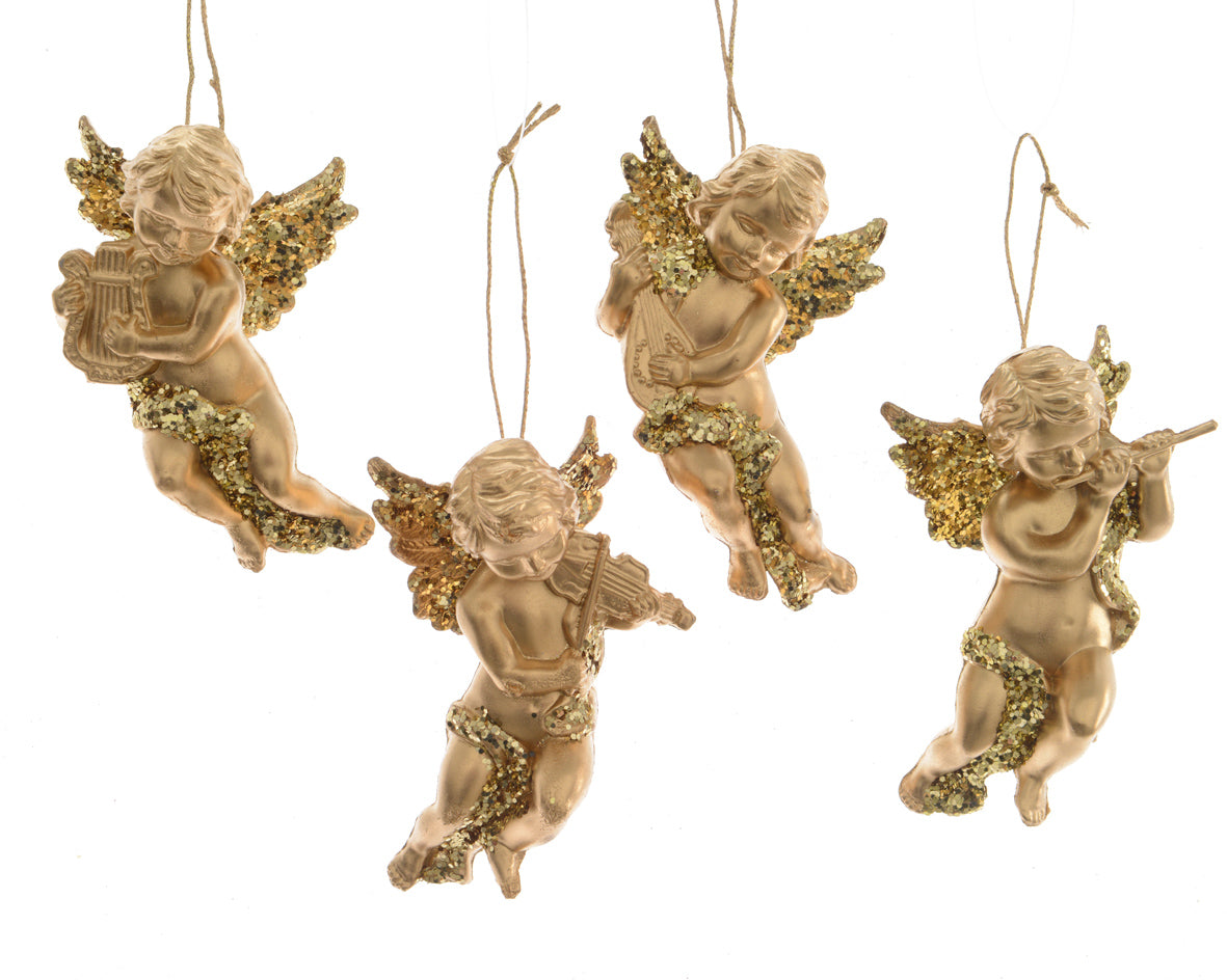 Pendente Angelo Oro 10 cm con strumenti musicali decorazione natalizia dorata - DeMatteis.it