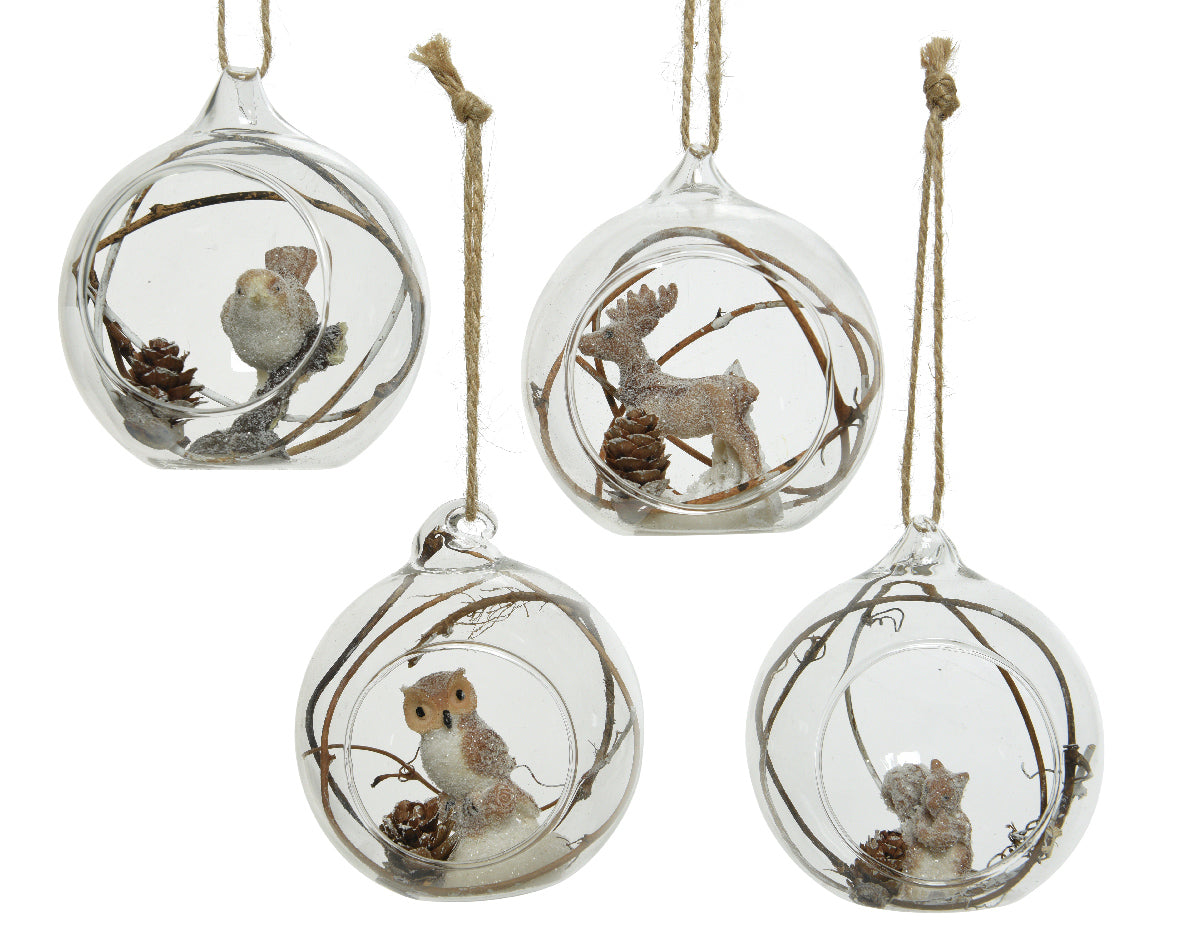 Sfera Animaletto e Rami decorazione natalizia in vetro da 8 cm con animali e rami naturali - DeMatteis.it