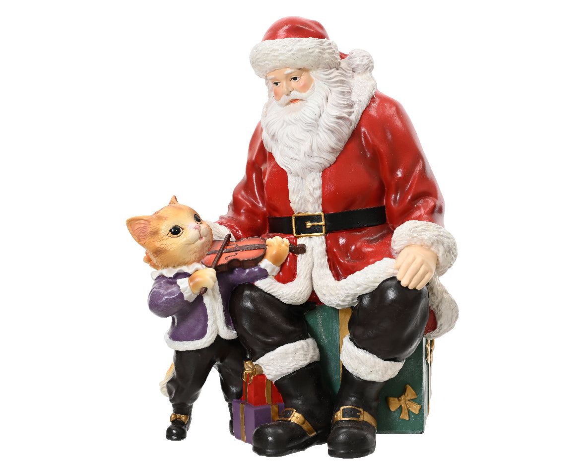 Babbo Natale Con Gatto Resina 24x17x30 Cm