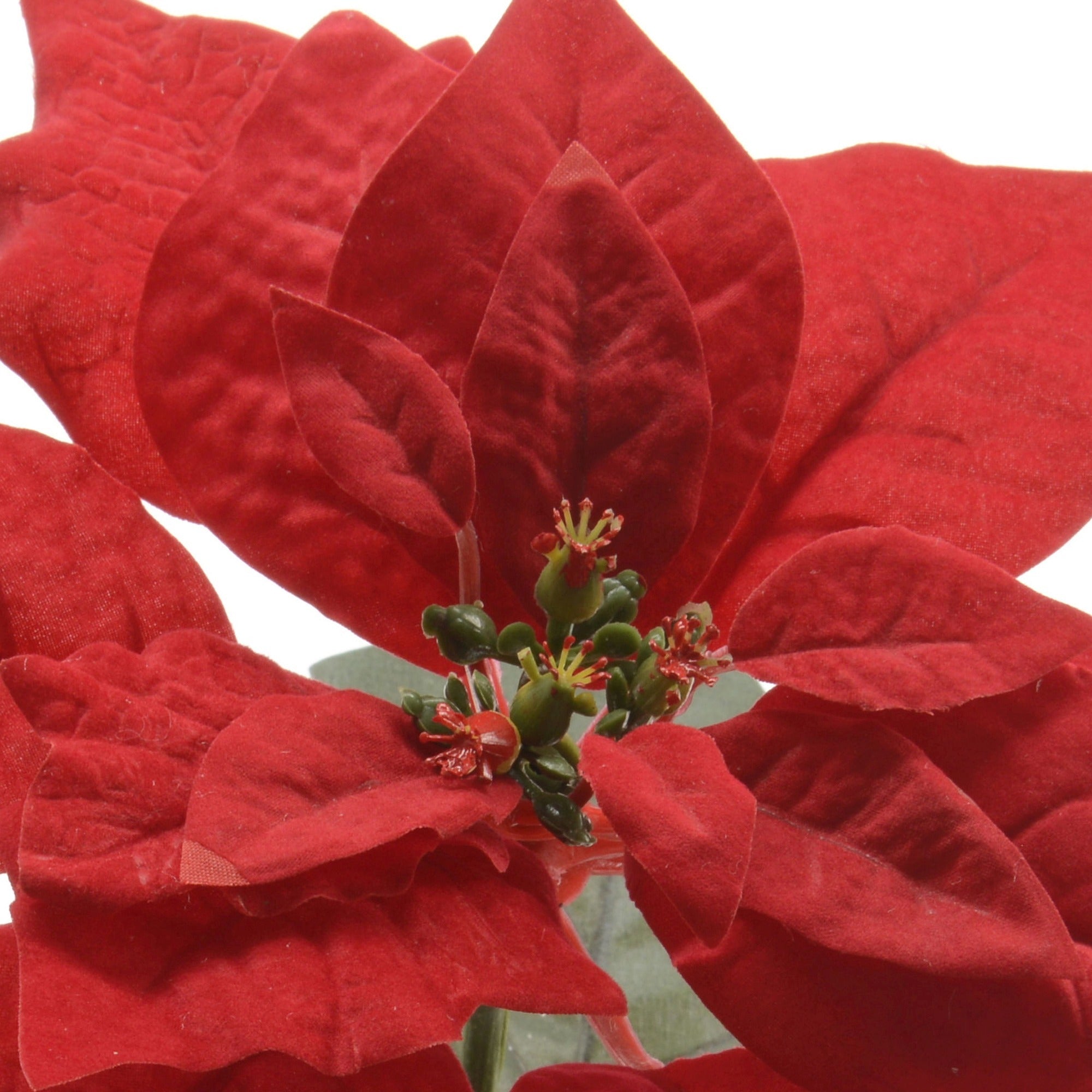 Primo piano della stella di Natale artificiale con petali rossi in tessuto vellutato e centro floreale verde e rosso decorativo | DeMatteis.it