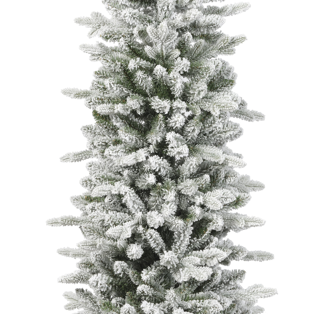 Dettaglio ravvicinato dei rami dell'Albero di Natale Slim Fir innevato 210 cm, con punte in PE e PVC coperte da una fitta coltre di neve artificiale bianca | DeMatteis.it