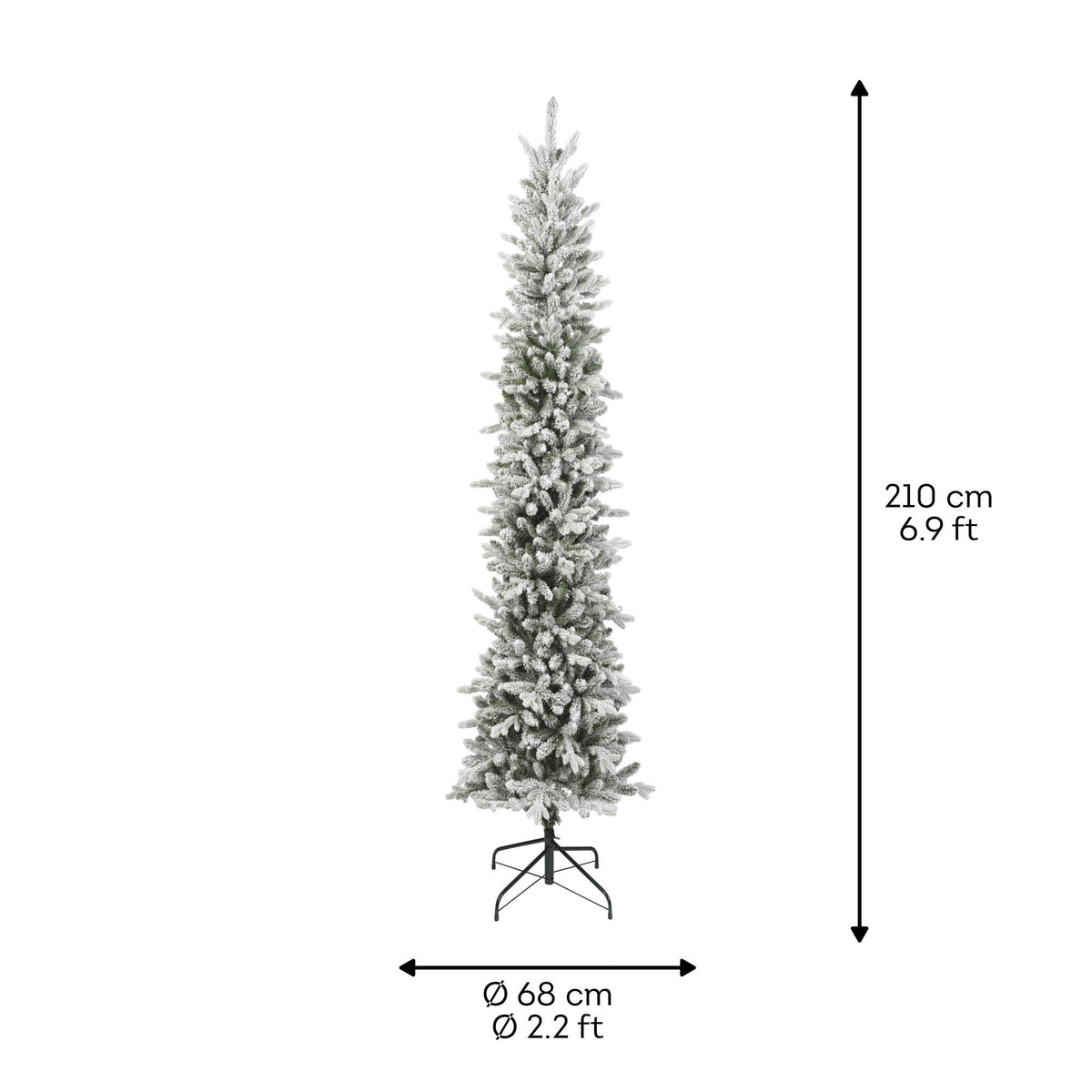 Scheda tecnica dell'Albero di Natale Slim Fir innevato con altezza 210 cm e diametro di ingombro 68 cm, illustrata su sfondo bianco con misure quotate | DeMatteis.it