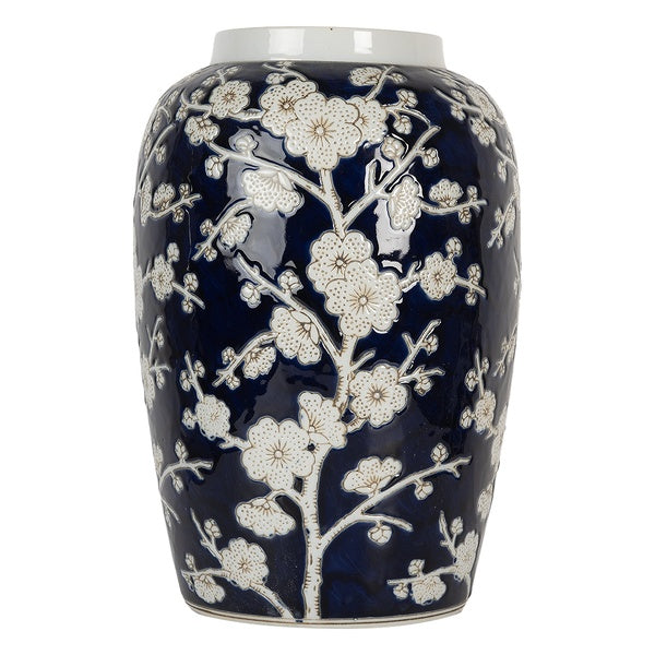 Vaso Blu Decoro Fiori Bianco Oro 20x31 Cm