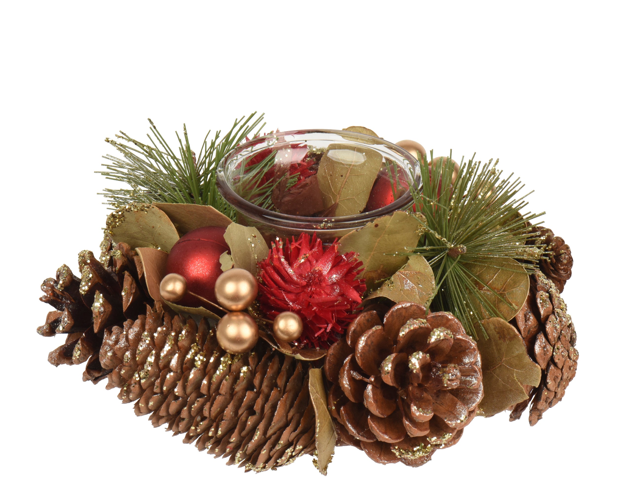 Portacandele Rosse Con Pigne D 16x8 Cm