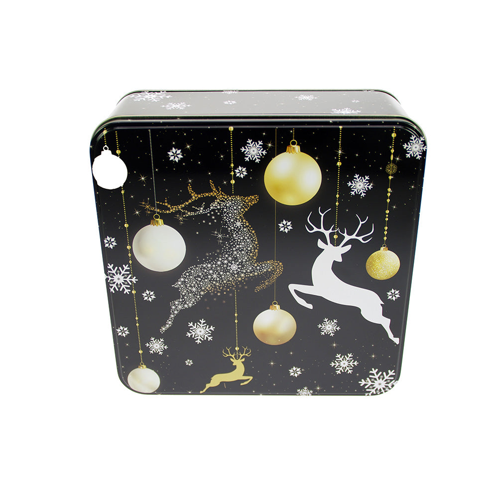 Scatola Di Latta Con Renne Nera Oro 22x22cm