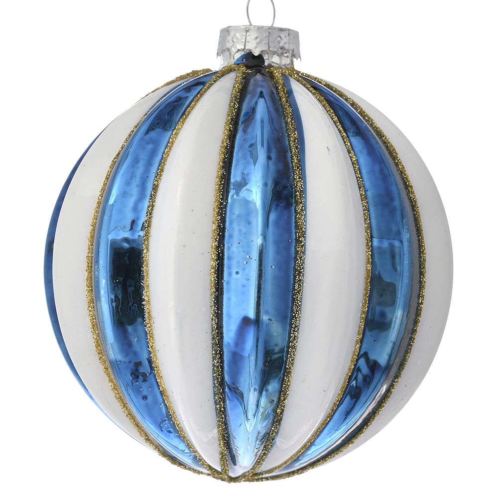 Palla Di Natale Vetro Blu Bianca D 10 Cm