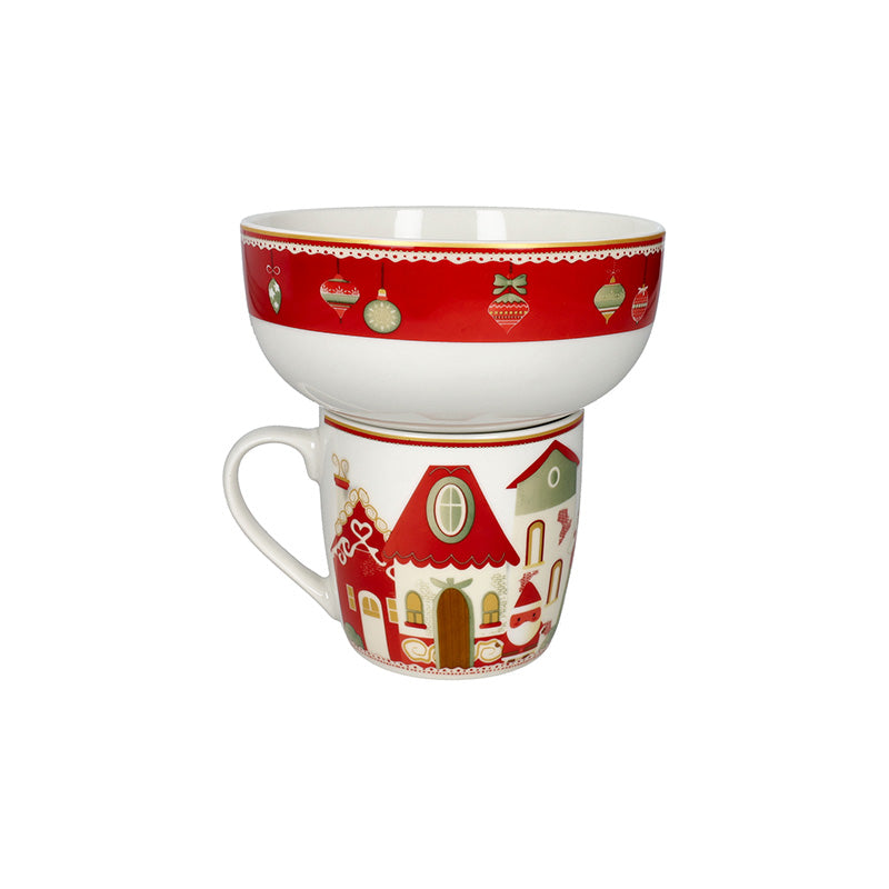 Set 2 Pz Mug Con Ciotola Villaggio In Festa New Bone China Bianca