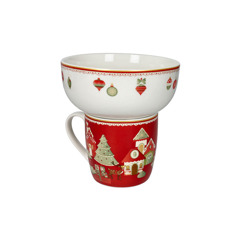 Set 2 Pz Mug Con Ciotola Villaggio In Festa New Bone China Rossa