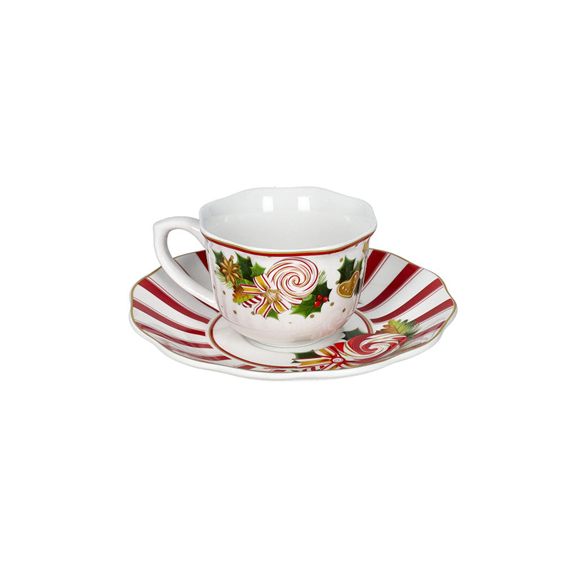 Brandani, Set 2 Pz Tazzina Caffè Le Chicche in porcellana con piattino, decoro natalizio a caramelle e agrifoglio su righe rosse e bianche - DeMatteis.it