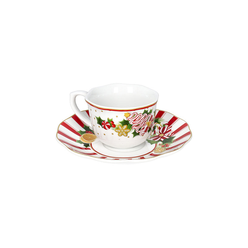 Brandani, Set 2 tazzine da caffè Le Chicche in porcellana con piattino, decoro natalizio a righe rosse, agrifoglio e biscotti dorati, bordo profilato oro - DeMatteis.it