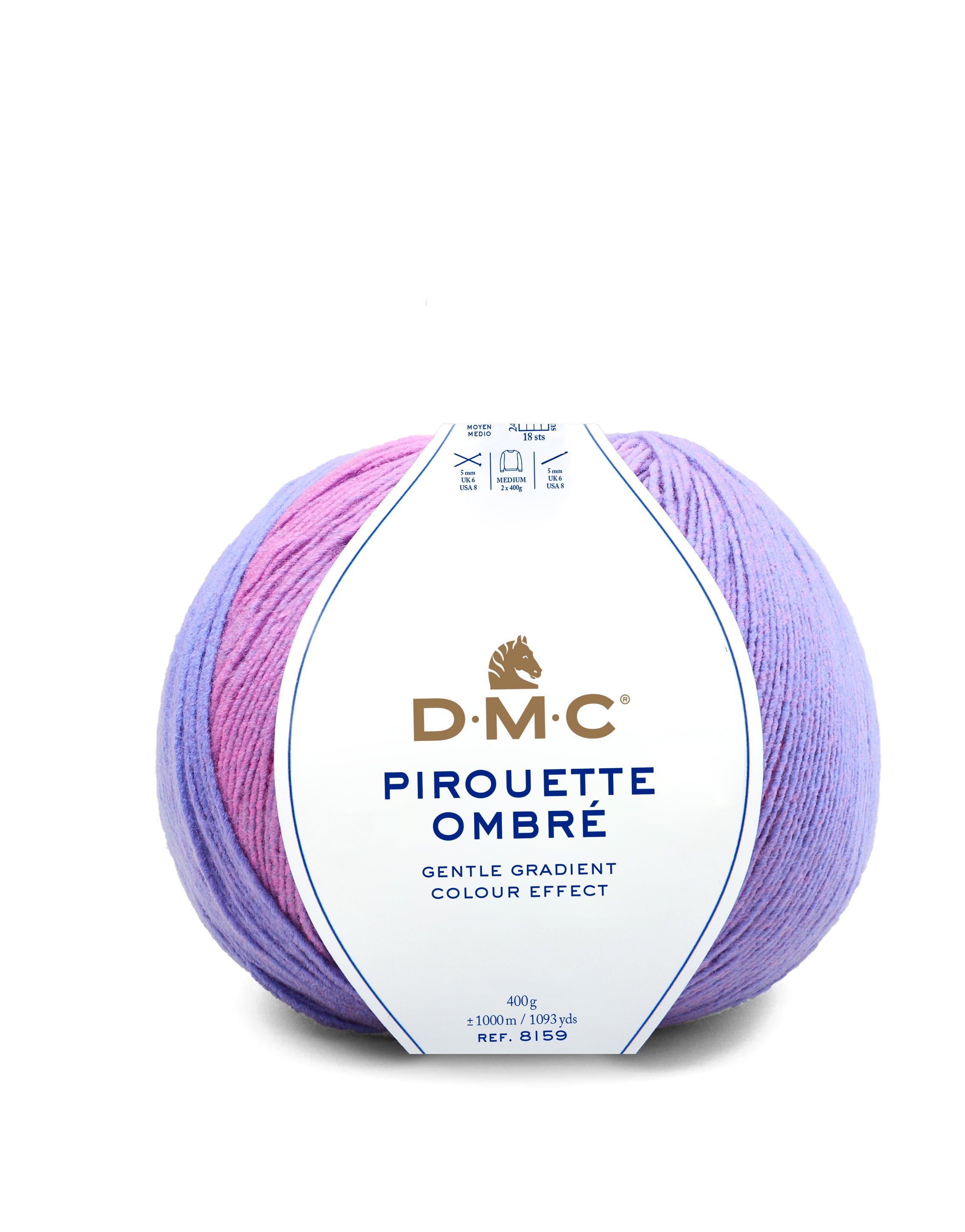 Gomitolo di lana DMC Pirouette Ombre da 400g nella colorazione 104, con sfumatura graduale da lilla a rosa e etichetta del marchio in vista | DeMatteis.it