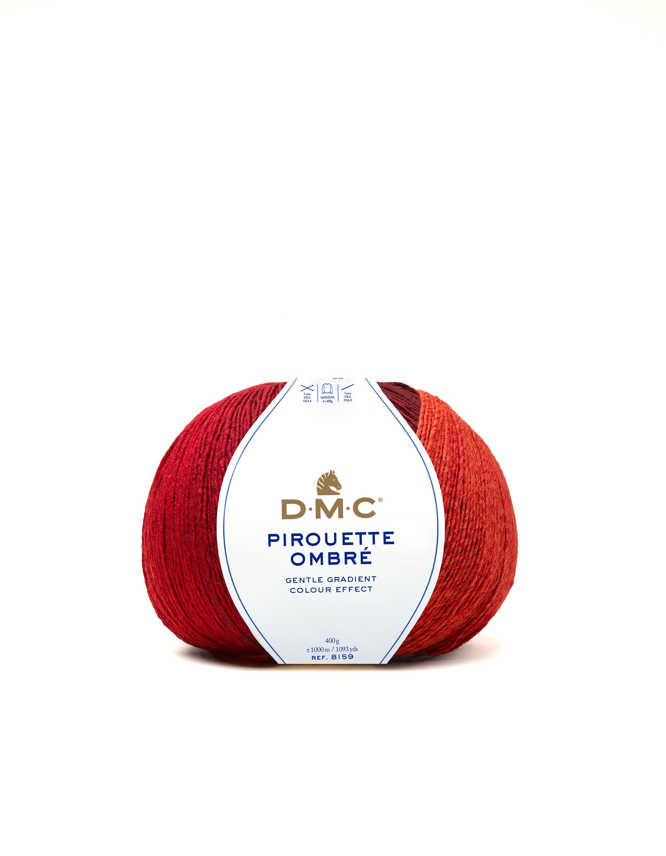Gomitolo di lana Dmc Pirouette Ombre da 400g nella colorazione 108, con sfumatura graduale dal rosso bordeaux all'arancio, etichetta con logo cavallo Dmc | DeMatteis.it