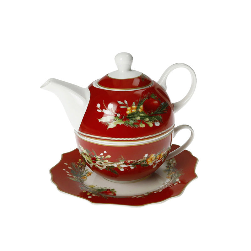 Teiera Con Tazza E Piattino Carol Rosso New Bone China
