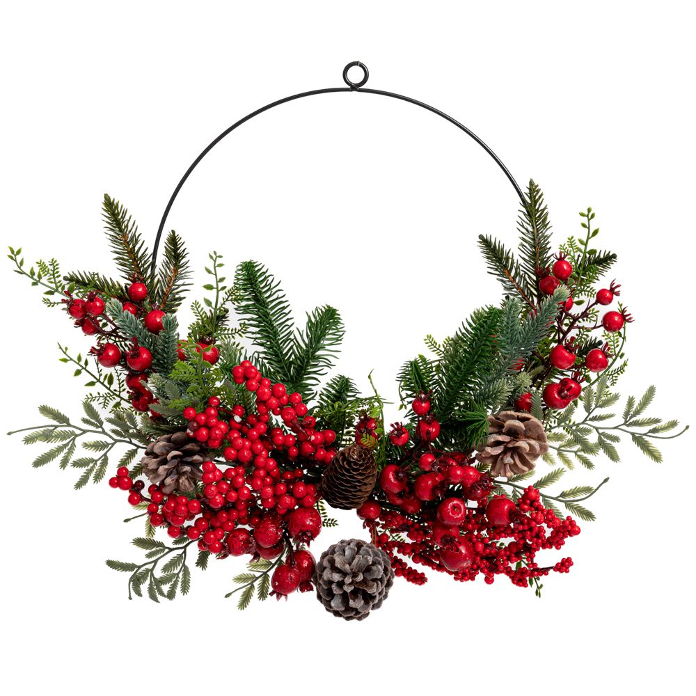 Corona Bacche Rosse E Pigne D 30 Cm