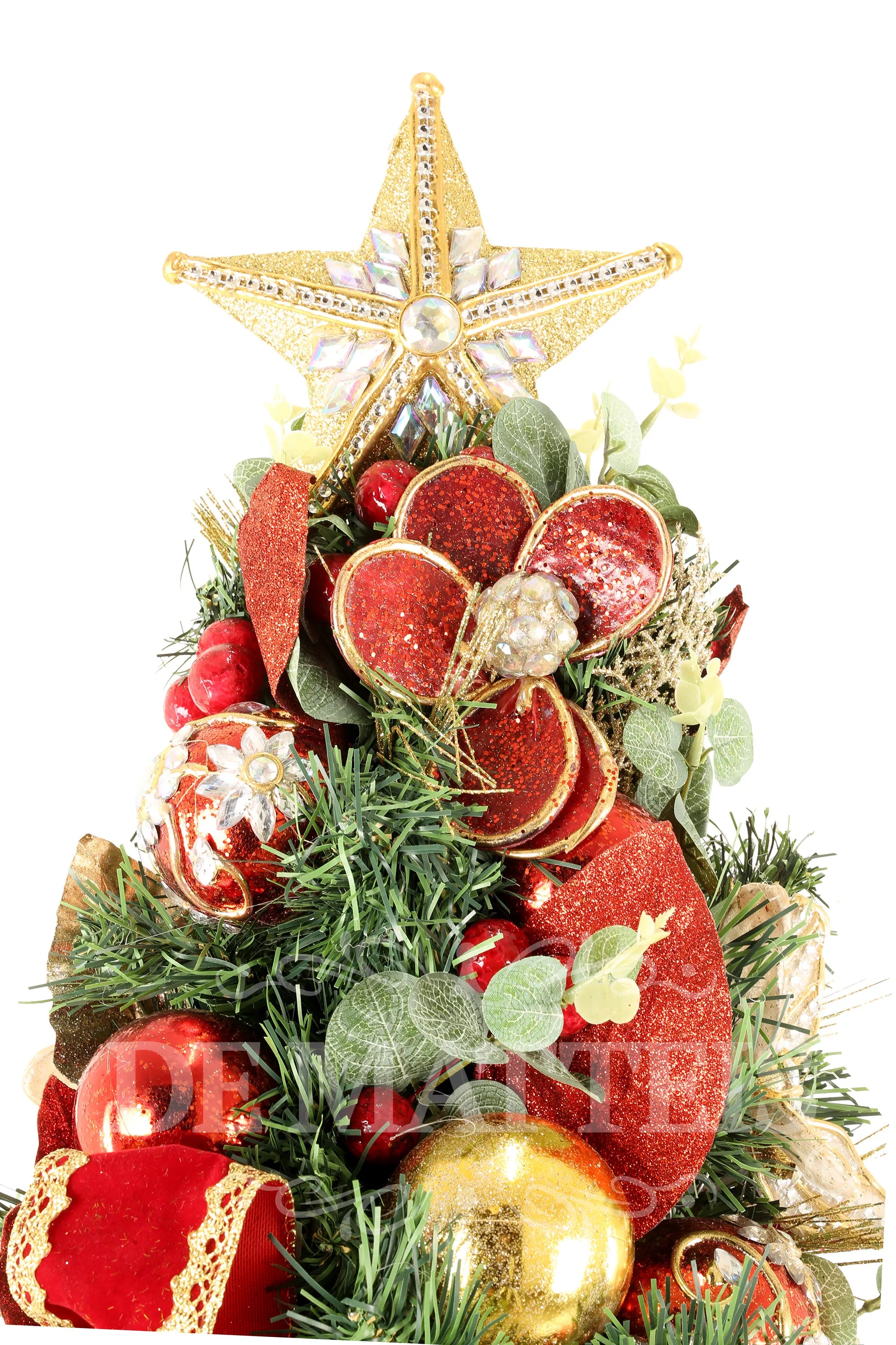 Vista dall'alto ALBERO decorato natalizio stella dorata punta ornamenti rosso oro 35x90 cm - DeMatteis.it